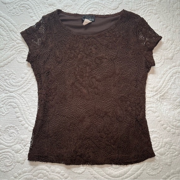 Brittany Black Tops - Brittany Black Y2K Lace Baby Tee. Size Medium. Chocolate brown.